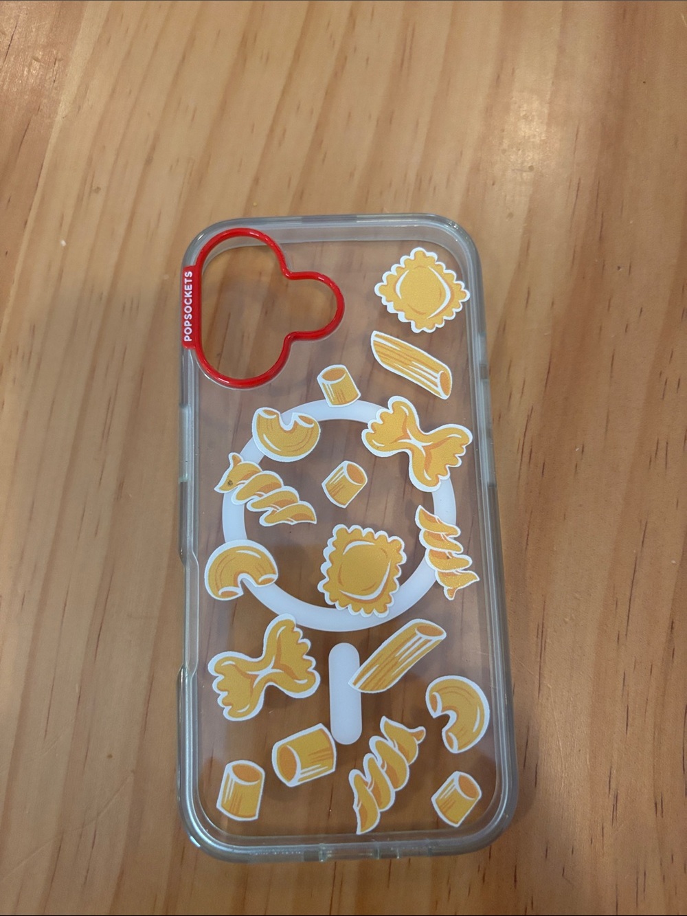 PopSocket Phone Case with Red Ring and Yellow Pasta Motif. iPhone 16 MagSafe